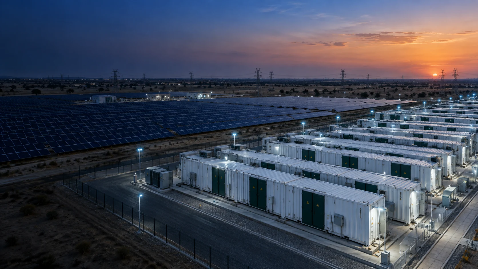 Concept solar and battery storage facility at dusk